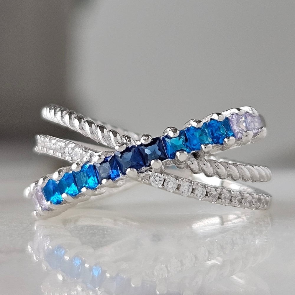 Blue Sapphire Swarovski crystal criss cross ring, 925 Sterling Silver